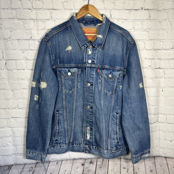 Levi's Mens 72334 Distressed XXL Blue Denim Trucker Jean Jacket Size 2XL - Picture 1 of 16